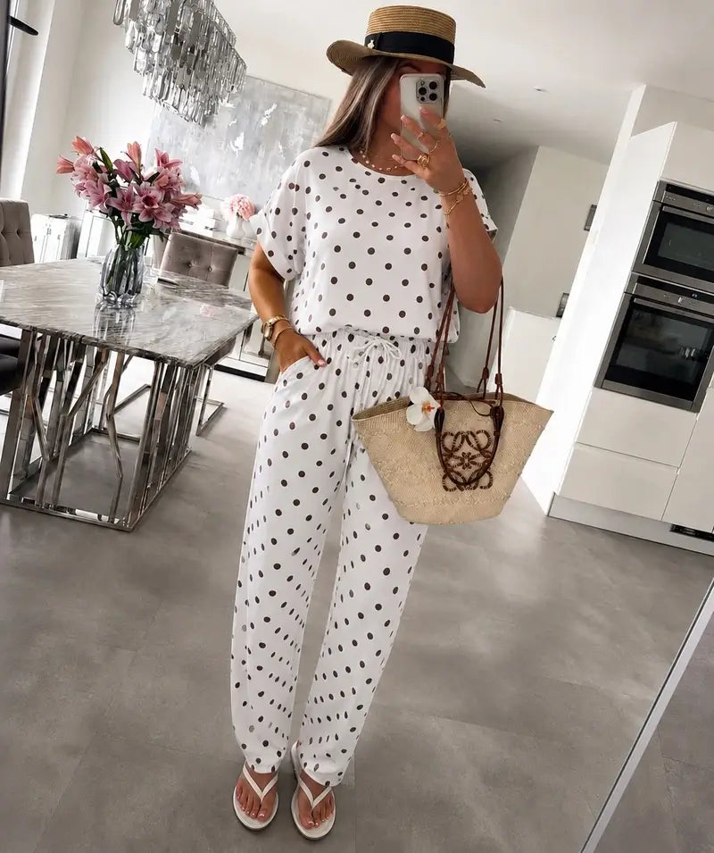 Oversized Polka-Dot Set – Loose Top & Flowing Pants: Beige / YOU 38-44