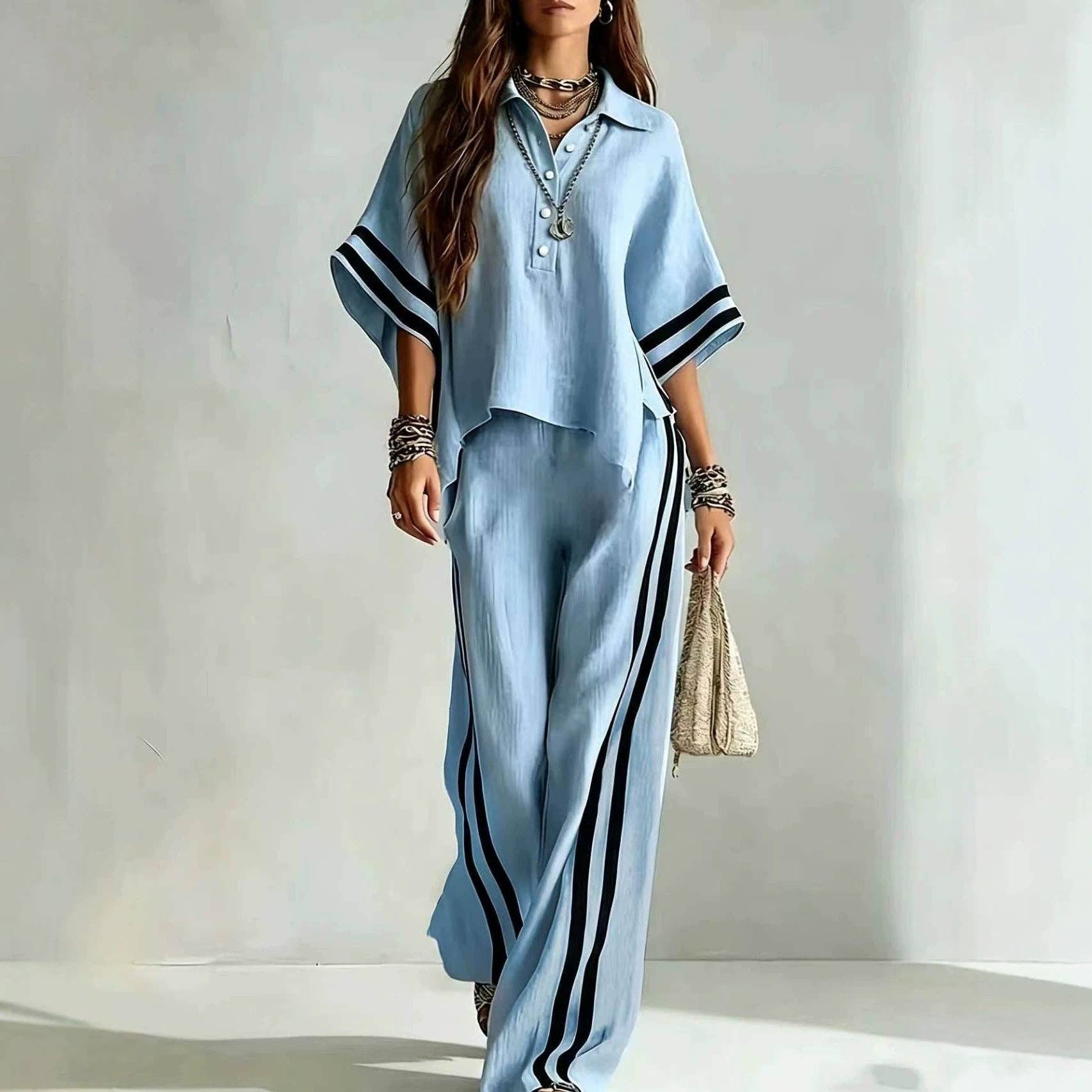 Short-sleeve Shirt And Loose-fitting Trousers Two-piece Set: Khaki / L