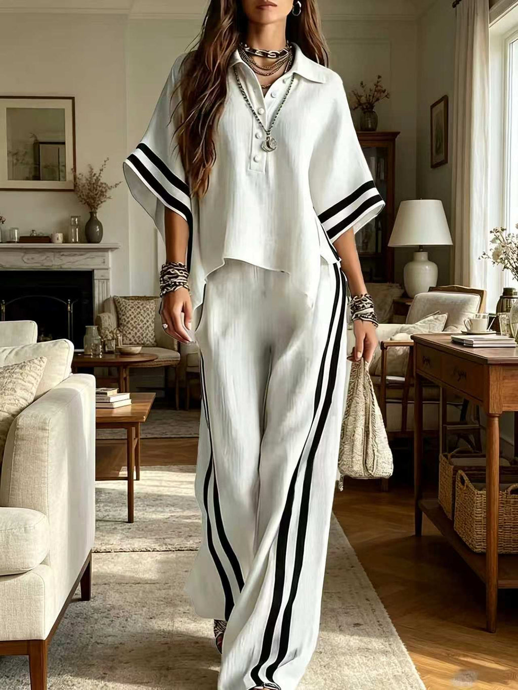 Short-sleeve Shirt And Loose-fitting Trousers Two-piece Set: Khaki / L