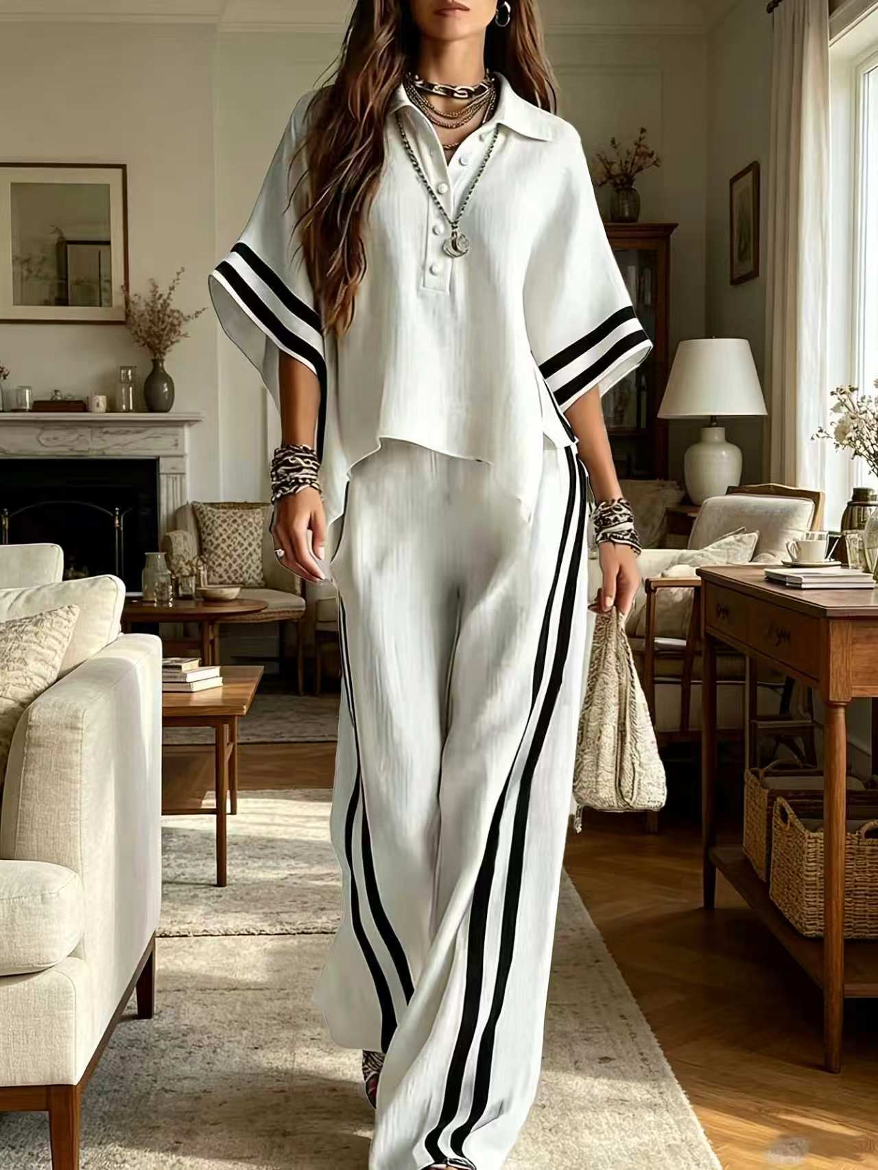 Short-sleeve Shirt And Loose-fitting Trousers Two-piece Set: Khaki / L