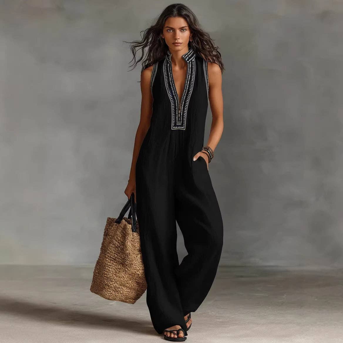 Women's Simple Linen-blend Sleeveless Jumpsuit: Apricot / M