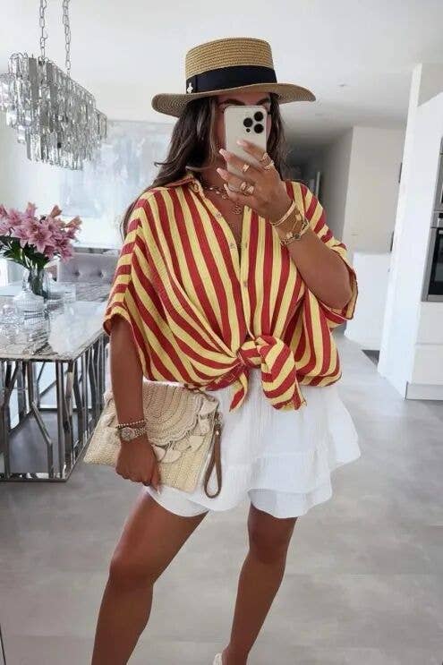 Striped Cotton Gauze Shirt: Yellow / One size: 36-42