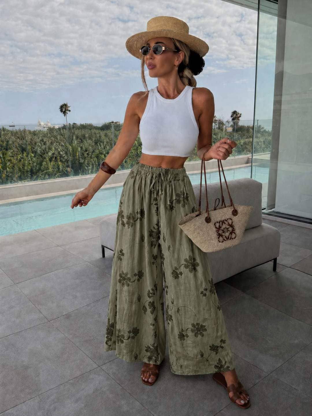 Wide Floral Pants with Elastic Waist and Drawstring: Beige / YOU 38-42
