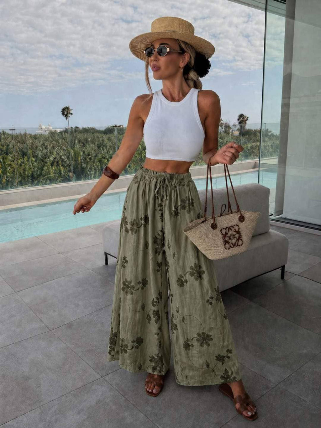 Wide Floral Pants with Elastic Waist and Drawstring: Brown / YOU 38-42