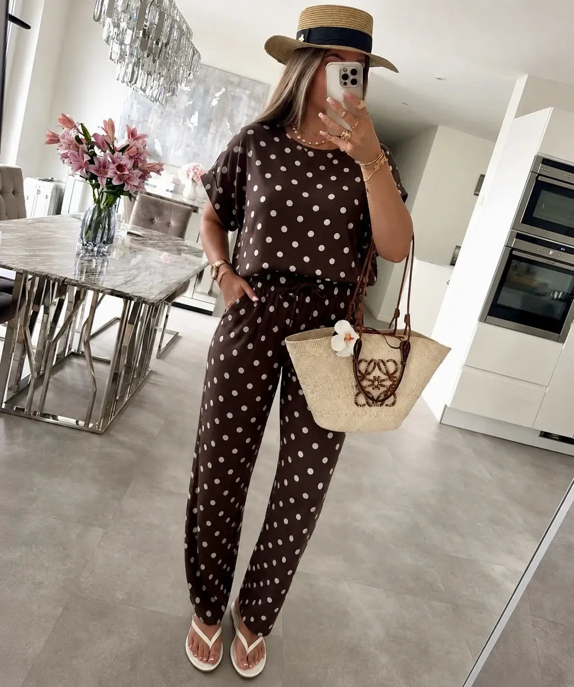 Oversized Polka-Dot Set – Loose Top & Flowing Pants: White / YOU 38-44