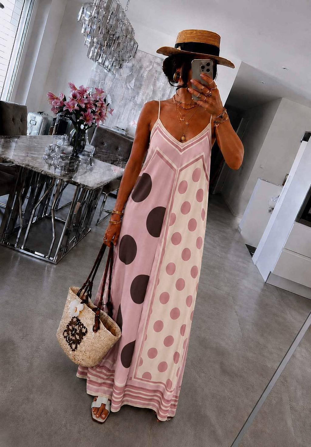 Flowing bohemian dress with polka dot print: Dark brown