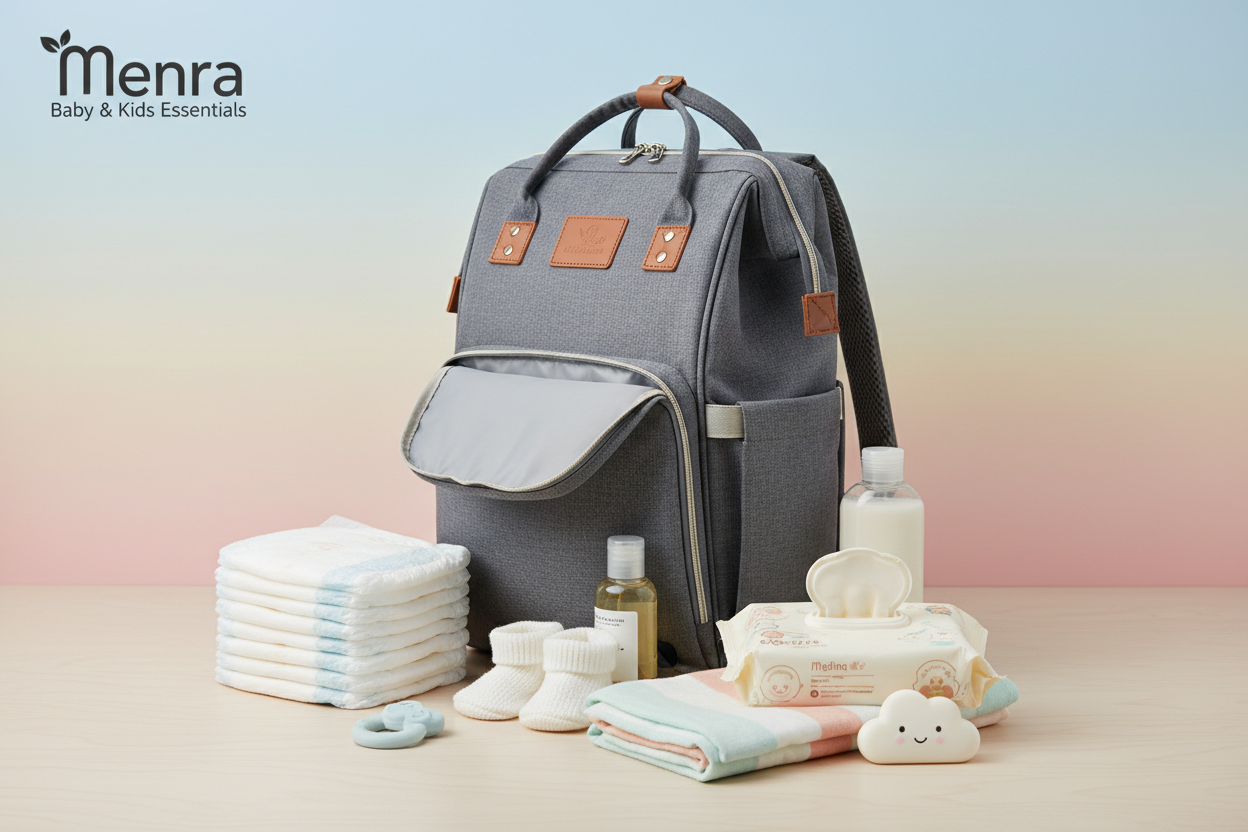 diaperbag and diapers or baby essentials with loga Menra Baby & Kids Essentials