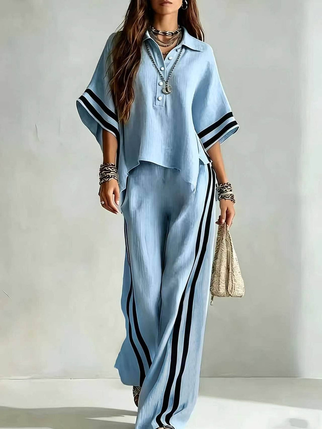 Short-sleeve Shirt And Loose-fitting Trousers Two-piece Set: Khaki / L