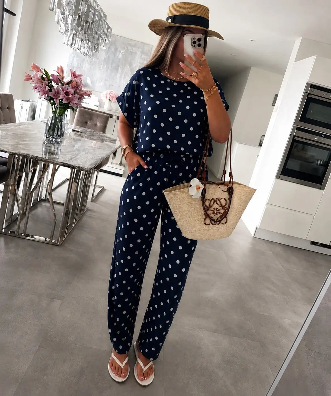 Oversized Polka-Dot Set – Loose Top & Flowing Pants: Black / YOU 38-44