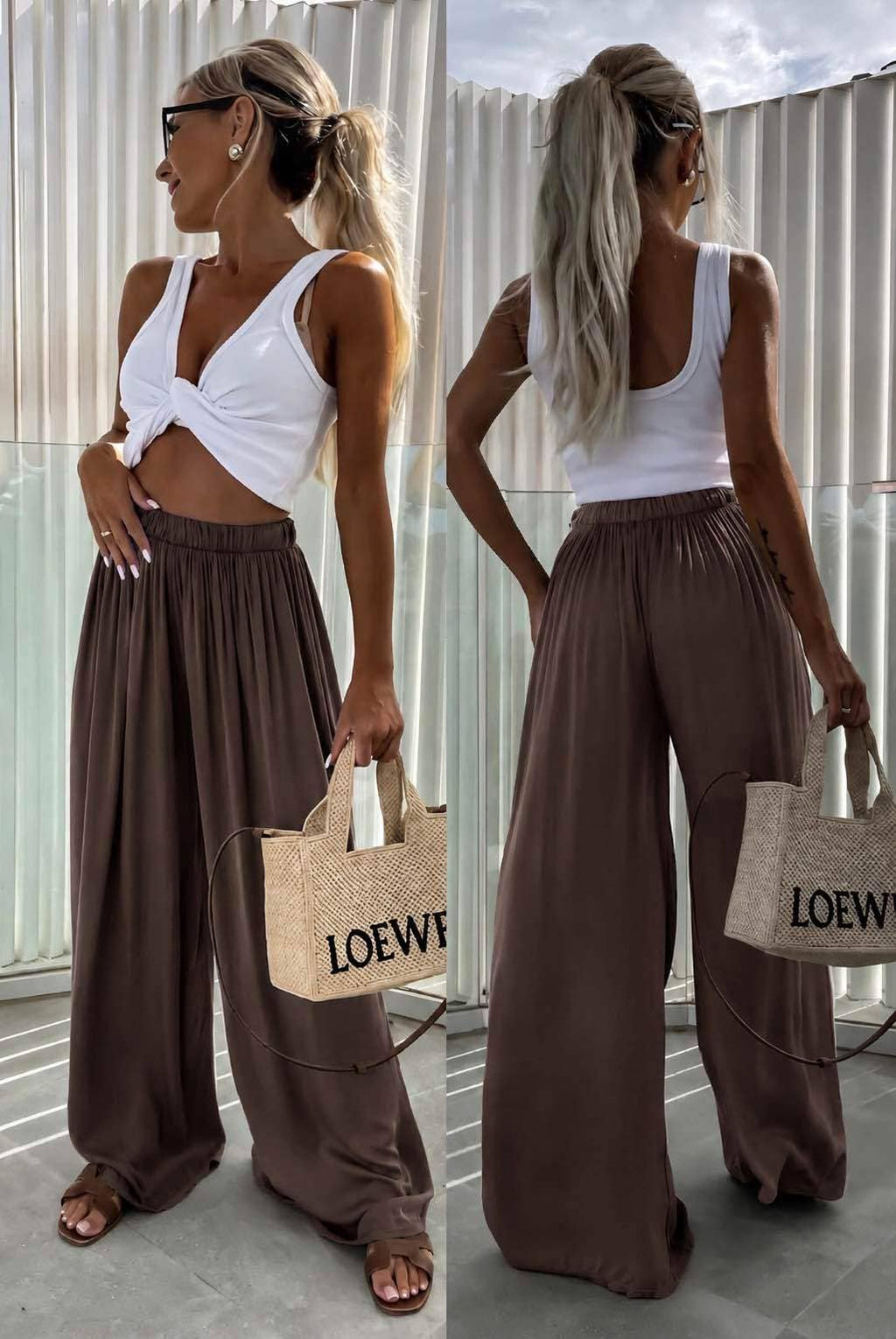 Viscose pants with elastic waistband: Brown
