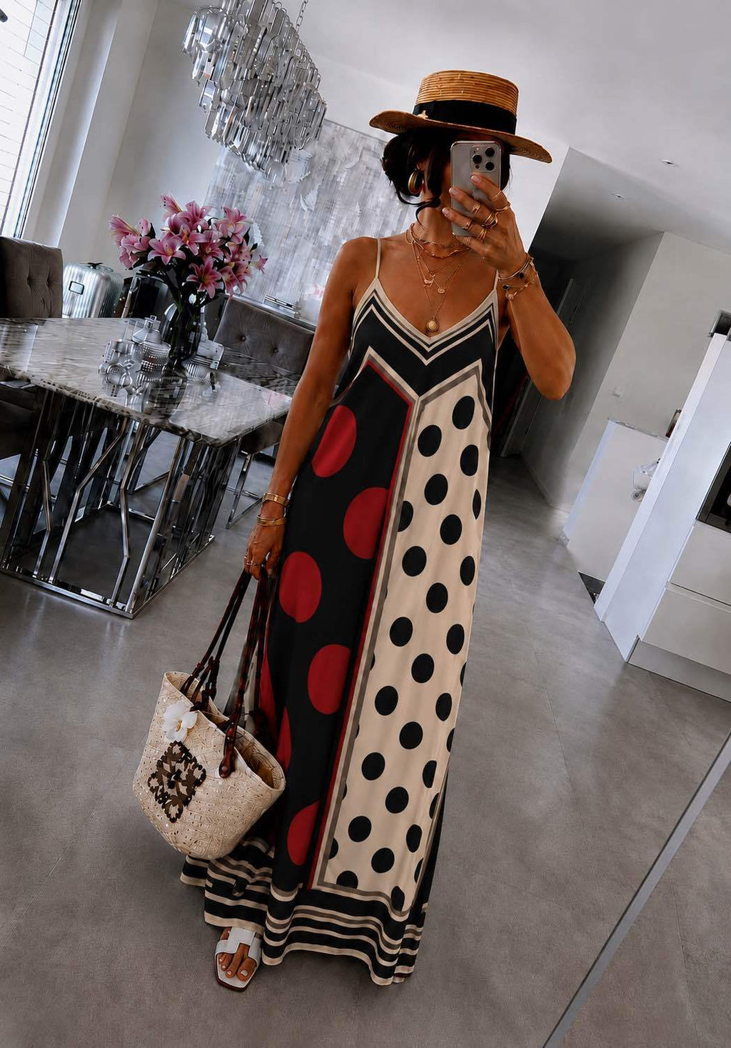 Flowing bohemian dress with polka dot print: Blanc