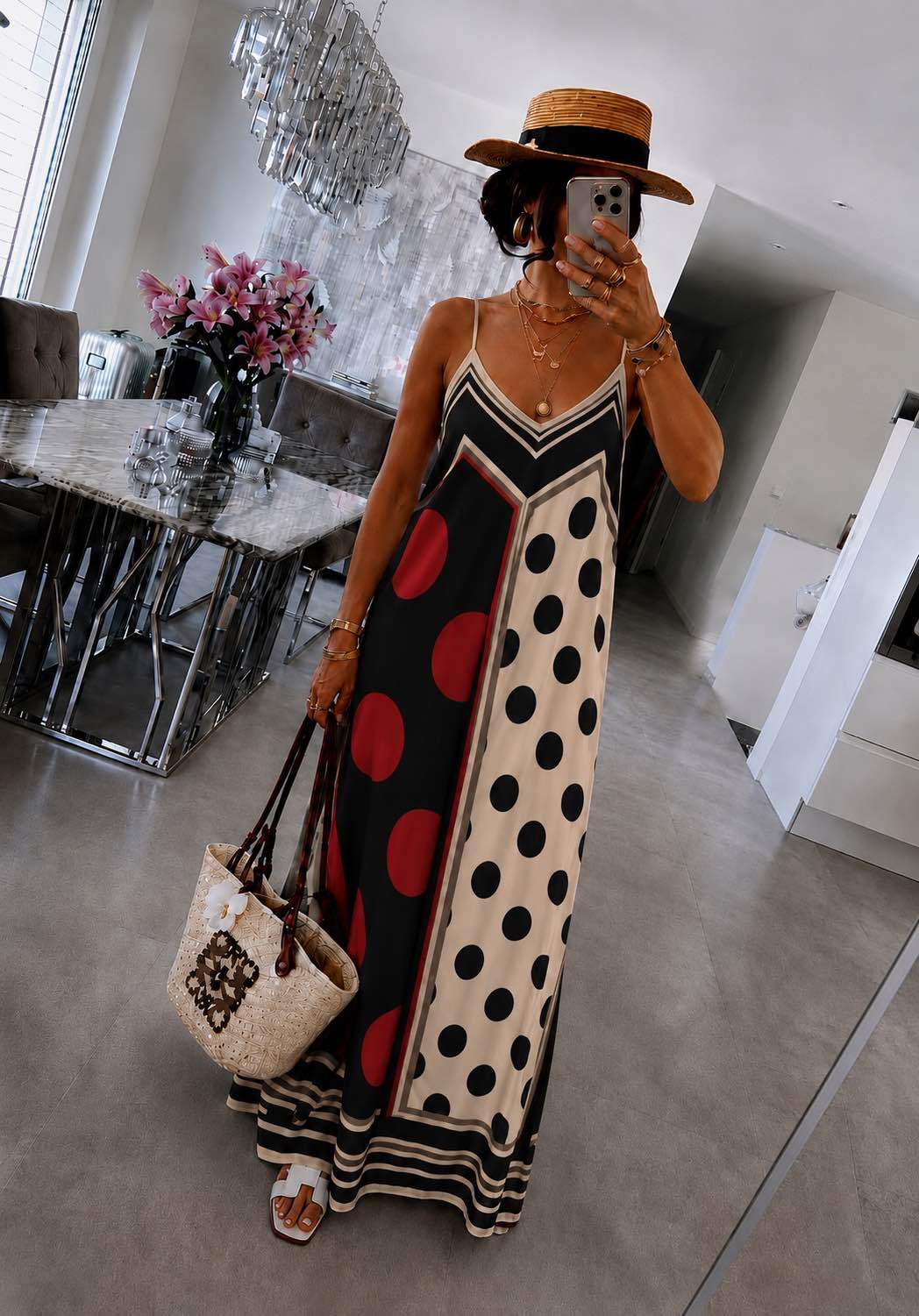 Flowing bohemian dress with polka dot print: Dark brown