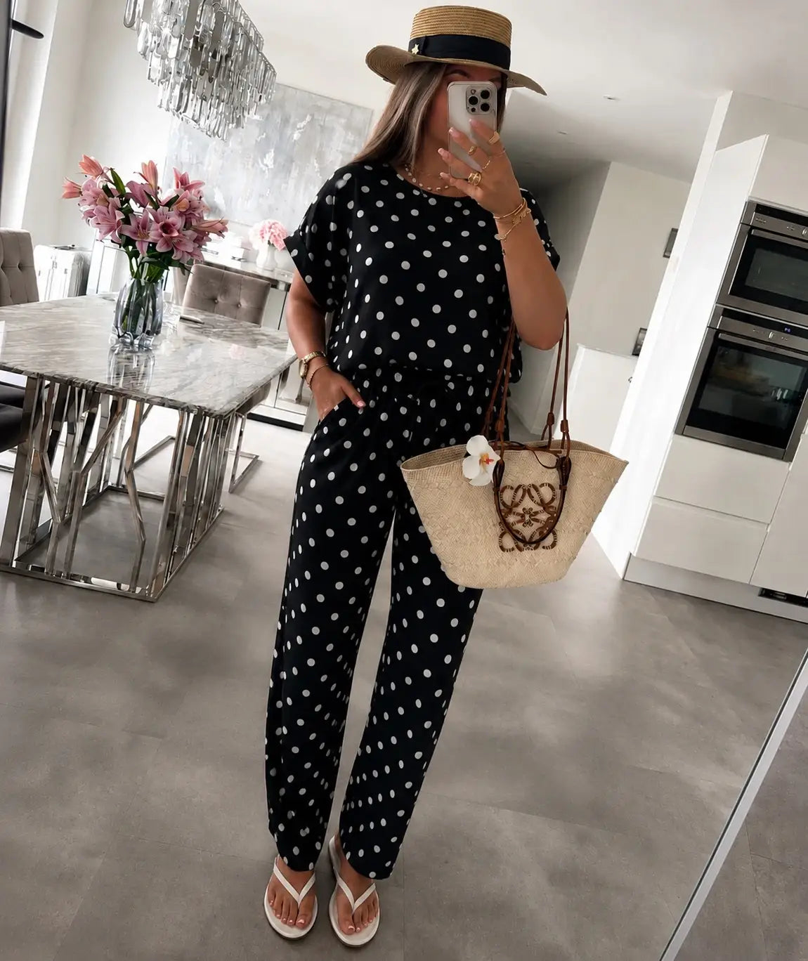 Oversized Polka-Dot Set – Loose Top & Flowing Pants: Black / YOU 38-44