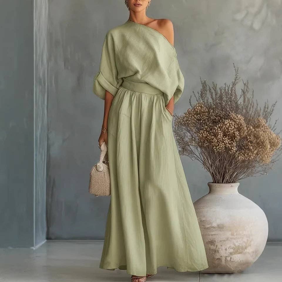 Cropped Off-shoulder Top And Pants Two-piece Set: Dark Brown / M